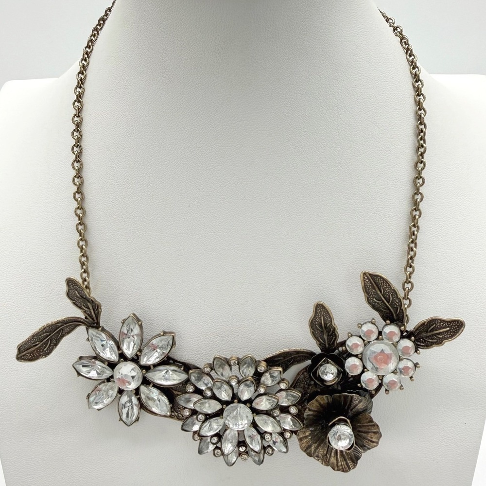 Antiqued Gold Tone Clear Rhinestone Floral Bib Statement Necklace 18-21"